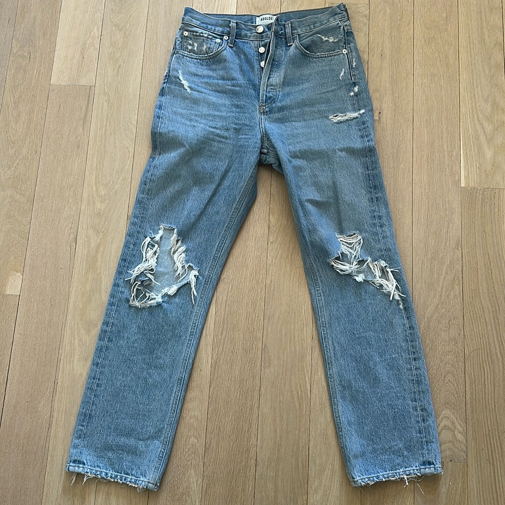 Agolde (Aritzia), 90s denim, distressed, light blue, minimal stretch, size 25